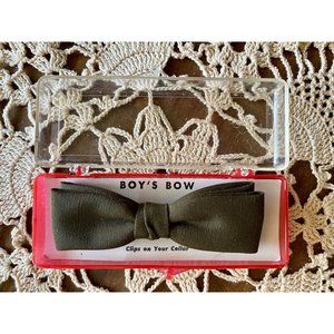 Vintage BOYS BOW TIE - Clip On - Olive Green  - Original Red Plastic Case